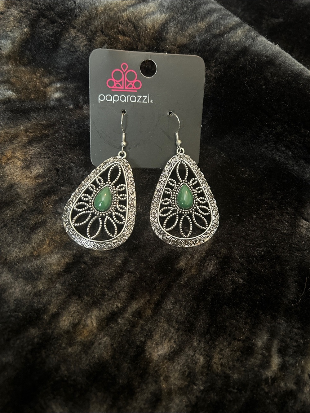 Paparazzi Silver Teardrop Earrings with Green Accent